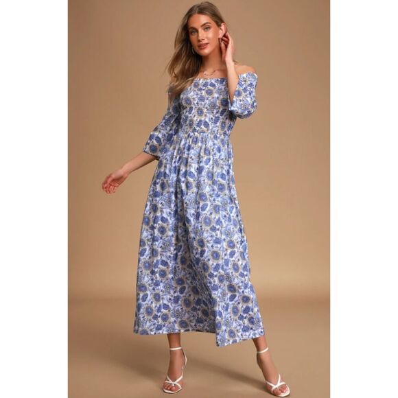 Sunny Bliss Blue Multi Floral Print Off-the-Shoulder Maxi Dress Size Small - Picture 1 of 9